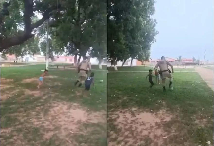 Policial militar joga futebol com crianças durante patrulhamento no TO; 